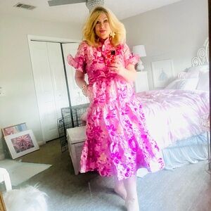 Floral Pink Dress with gold accents SHOP the MINT boutique